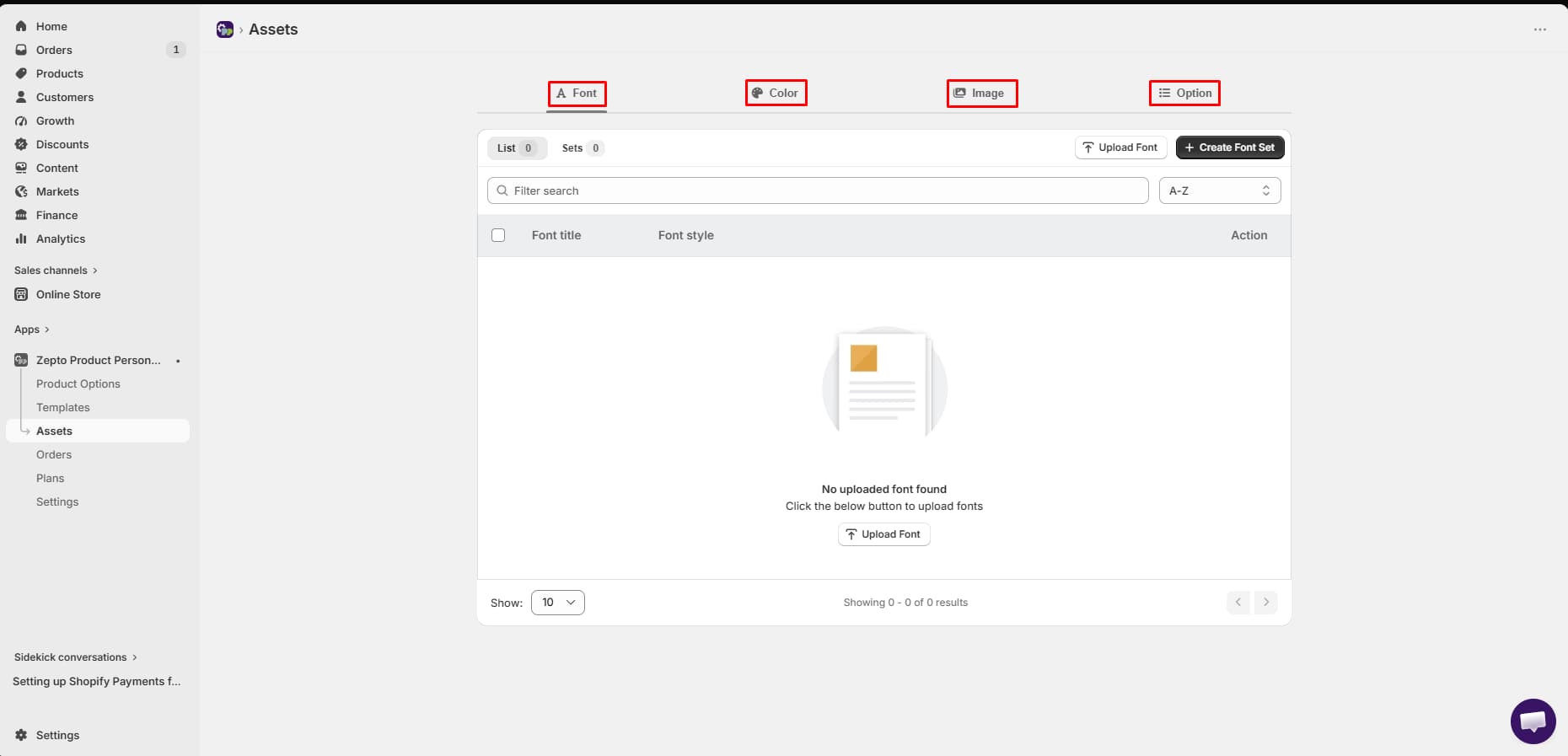 Zepto Product Personalizer Assets page with Font, Color, Image, and Option tabs, and Upload Font and Create Font Set buttons on an empty font list