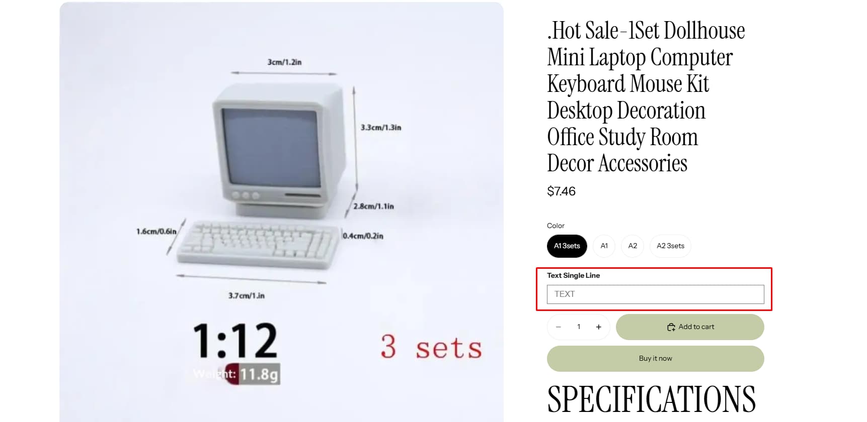 A product page with color variant buttons and a Text Single Line personalization field placed above the quantity selector and Add to cart button