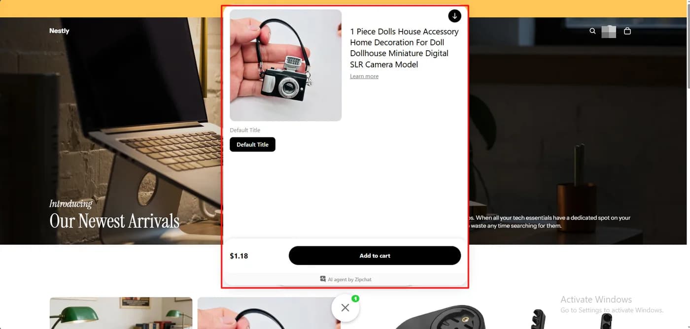 Zipchat in-chat product view showing the dolls house camera model at 1.18 dollars with an add to cart button inside the chat window