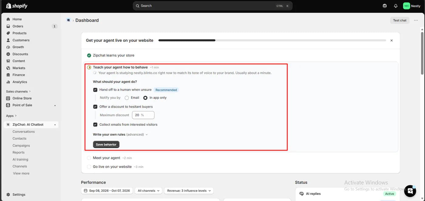 Zipchat onboarding showing the agent behaviour settings with hand off to a human when unsure, offer a discount to hesitant buyers at a maximum of 20 percent, and collect emails from interested visitors all enabled