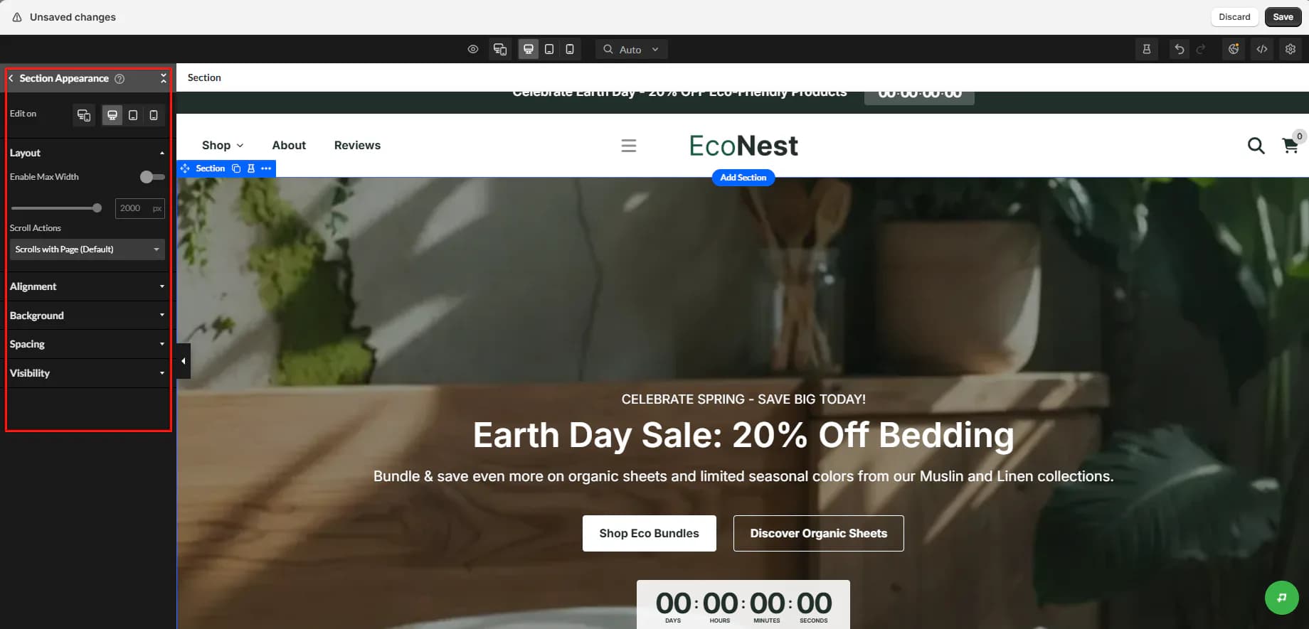 Zipify Pages Section Appearance panel showing layout, background, spacing and visibility controls