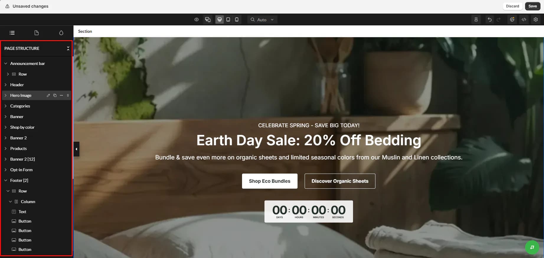 Zipify Pages Builder page structure showing the sections and elements used in our Shopify test